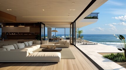 A contemporary beach house with a light-filled interior, expansive ocean-facing windows, and a...