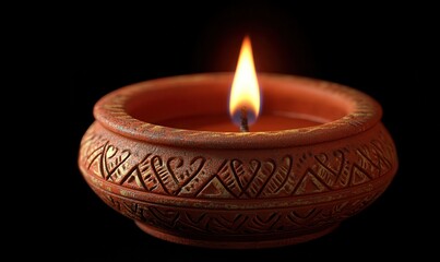Beautifully Crafted Earthen Lamp with Intricate Designs Illuminated by a Flickering Flame Against a Dark Background for Decoration and Celebration