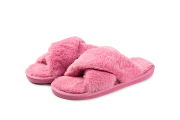 Soft slippers isolated on white background. Home slippers. Comfortable shoes for home. Foot care concept. Home comfort. Space for text. Copy space.