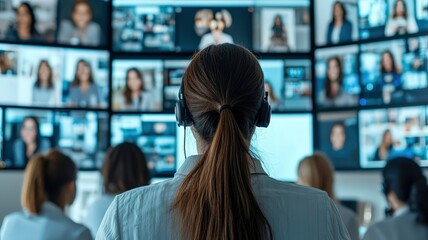 A person wearing headphones monitors multiple screens displaying various individuals, suggesting a control room or virtual meeting environment.