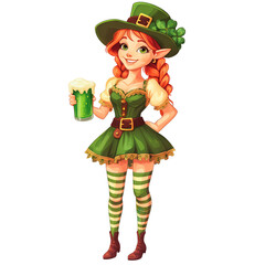 Cartoon-style leprechaun woman in green dress, striped stockings, and hat with shamrocks, holding a glass of green beer, celebrating St. Patrick's Day.