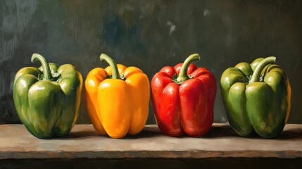 Still Life with Four Bell Peppers: A Vibrant Oil Painting