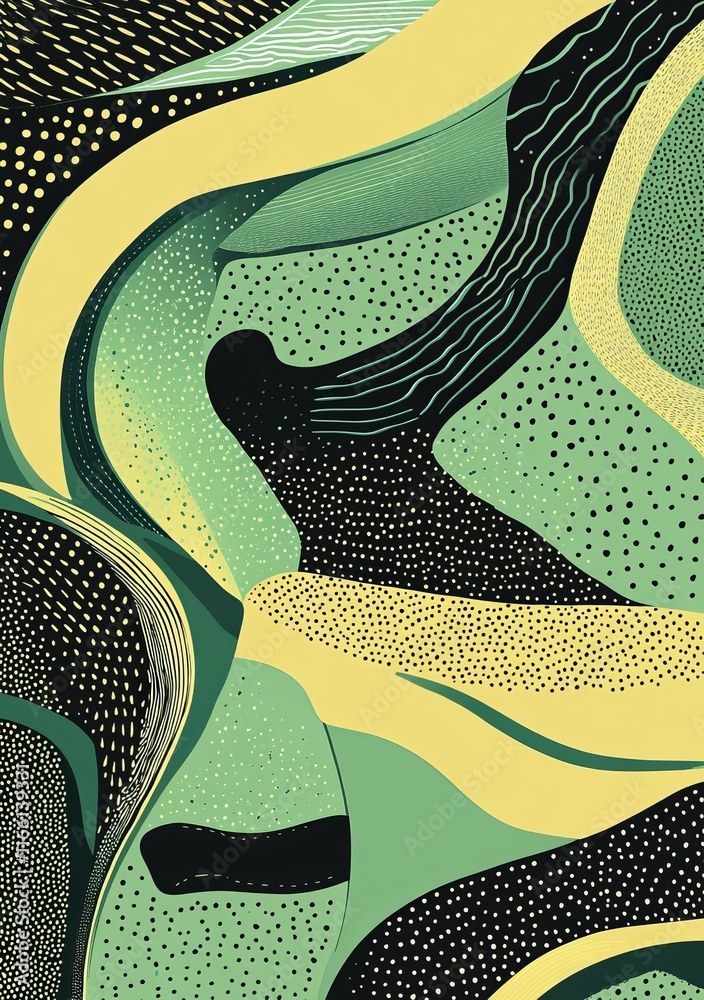 Aufkleber abstract green and yellow design with flowing patterns and dotted textures creating a dynamic visual