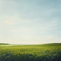 Lush Green Field Under a Bright Sky With Scattered Wildflowers During a Serene Afternoon in a Rural Area