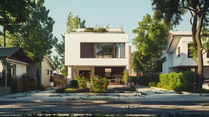 A minimalist modular home with a clean, white facade, large windows, and a rooftop garden, set in a...