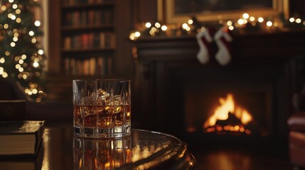 Glass of whisky warming by the fireplace during christmas holidays in a cozy library