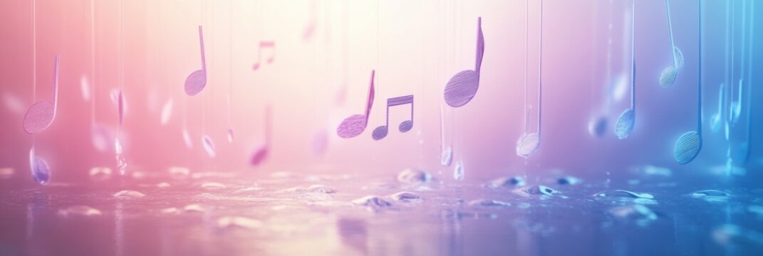 Colorful 3D music notes floating above a reflective surface in a vibrant setting. Generative AI