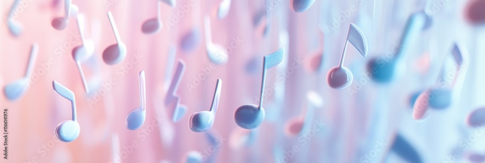 Poster colorful 3d music notes floating in a dreamy background with a blend of pastel shades at dawn. gener