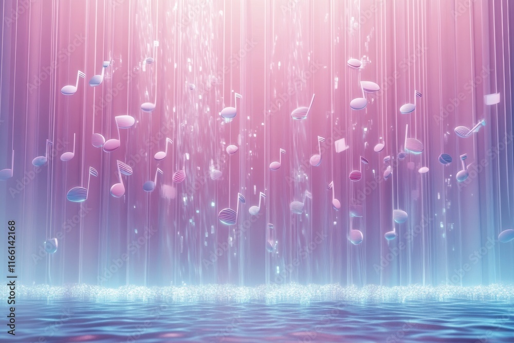Poster colorful 3d music notes floating above shimmering water in a dynamic and vibrant setting. generative