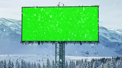 A tall green screen chroma key like billboard stands out against a frosty alpine vista under pale winter light.
Concept of adaptable advertising, majestic outdoor setting, and open promotional freedom - Powered by Adobe