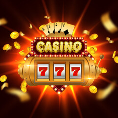 Casino 3d editable vector text style effect with casino slot machine, poker cards, gold coins on shiny glitter background