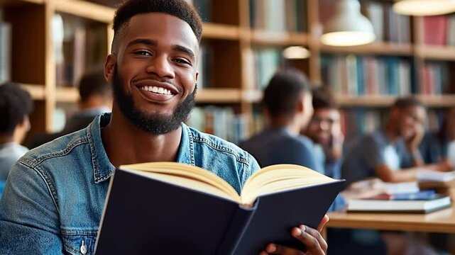 A smiling black male student flips through a hardcover book in a bustling library. Concept of focused study, inclusive educational space, and relaxed academic confidence.