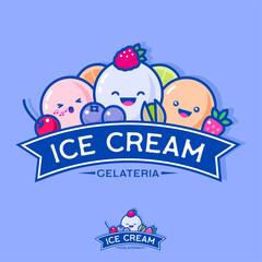 Kawaii ice cream illustration. Three scoops of ice cream. White, pink and cream ice cream scoops with berries, slices of citruses and pistachio.