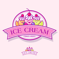 Gelateria logo. Kawaii ice cream in rounded frame with  ribbon and letters. Three scoops of ice cream with cream, berries and pieces of fruit. 