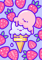 Kawaii ice cream illustration. Two scoops of ice cream in a waffle cone on background with freshberries.