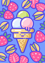 Kawaii ice cream illustration. Three scoops of ice cream. White, pink and green ice cream scoops in a waffle cone on background of pistachios and berries.