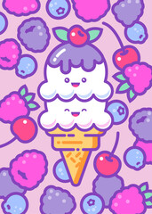 Kawaii ice cream illustration. Two scoops of ice cream with syrup in a waffle cone on background with berries.