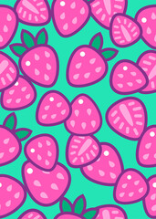 Seamless pattern with pink strawberries and leaves on neon-green background.