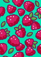 Seamless pattern with raspberries and leaves on neon-green background.
