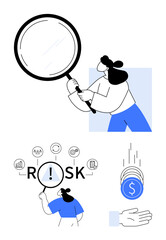 Woman holding magnifying glass, analyzing RISK with icons for data and finance. Coins dropping into a hand signify financial transactions. Ideal for business insight, finance, risk management