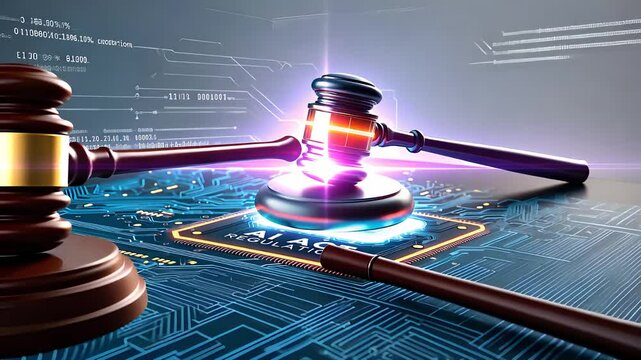 Digital Justice Concept Featuring Judges' Gavels on a High-Tech Circuit Board Highlighting Legal and Technological Fusion

