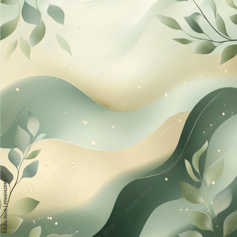 Poster green and beige abstract art with flowing shapes and botanical elements creating a serene and calmin