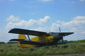 An old corncob, an AN-2 plane, stands in a field. We see a blue sky with light clouds and an abundant sea of ​​green 