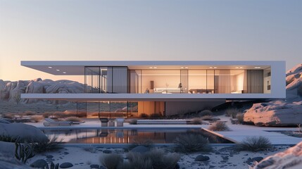 A modular home with a sleek, minimalist exterior, featuring white panels, glass walls, and a...