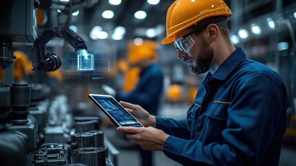 Engineer in uniform monitors advanced water filtration system using digital tablet. Industrial tech, robotic arm visible in background. Modern tech applied to water treatment. Man focused on process
