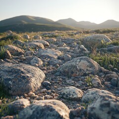 Obraz premium Beautiful Rocky Trail Through the Landscape With Rolling Hills in the Background During Golden Hour Showcasing Nature’s Tranquility and Rugged Beauty