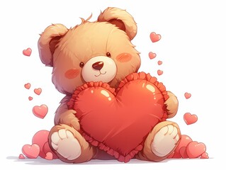 A cute teddy bear holding a heart pillow surrounded by smaller hearts.