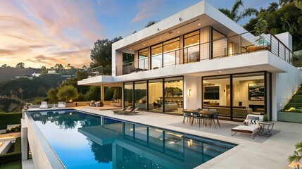 A sophisticated modern home with a clean white exterior, large windows, and an infinity pool...