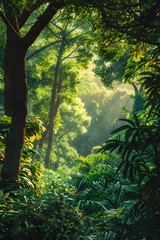 Sunlit Forest: A Tranquil Escape into Nature's Heart with Lush Greenery and Subtle Wildlife
