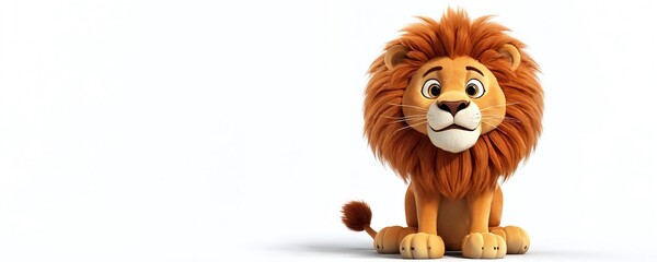 Friendly cartoon lion character sitting on a white background looking curiously at the viewer