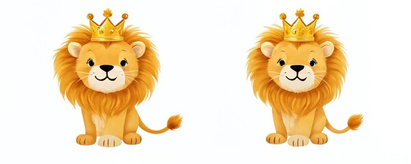Obraz premium Cute cartoon lions wearing golden crowns sit side by side against a white background showcasing their playful expressions and vibrant colors