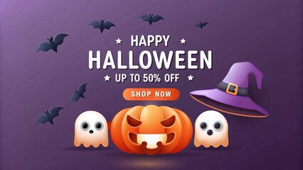 Halloween sale banner template, Perfect for promoting a sale with discounts up to 50% off. It is ideal for Halloween promotions, online stores, or social media marketing during the Halloween season.
