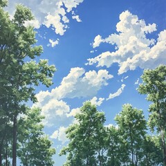 Obraz premium Clear Blue Sky With Fluffy Clouds Over Lush Green Trees During a Sunny Afternoon in a Peaceful Natural Setting