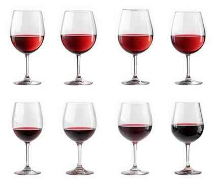 n arrangement of eight wine glasses filled with varying amounts of red wine. showcasing different shapes and sizes of the glasses the clean. minimalist background emphasizes the elegance of the wine p