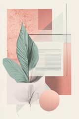 Modern Abstract Artwork Featuring Geometric Shapes and Botanical Elements in Soft Pastel Colors Creating a Calm and Serene Atmosphere