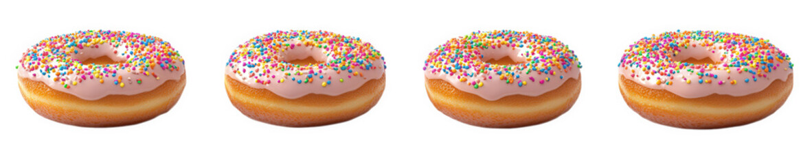 four delicious donuts arranged in a row. each topped with pink icing and colorful sprinkles. showcasing a delightful treat perfect for dessert or a snack the presentation emphasizes their sweet appeal