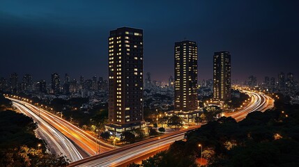 Fototapeta premium Bangalore city skyline at night. Highway with car trails. Tall buildings illuminated. Urban landscape at dusk. Modern architecture. City lights. Urban scene. Night photo. Traffic flows.