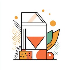 Creative Illustration of a Carton Drink Alongside Fruits and Snacks in a Colorful Design Setting