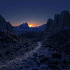 Fototapeta premium Majestic Sunset Over a Remote Mountain Valley Reflecting Deep Blues and Oranges, Showcasing Rugged Terrain and Tranquil Atmosphere at Twilight