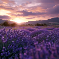 Fototapeta premium Lavender Fields in Bloom During Sunset With Mountains in the Distance and Vibrant Purple Flowers Stretching Across the Landscape