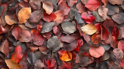 Fototapeta premium Colorful Autumn Leaves Blanket the Ground in a Park During the Fall Season Showcasing Vibrant Hues of Red, Orange, and Yellow Under Natural Sunlight