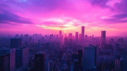 Fototapeta premium Vast cityscape at sunset. Skyscrapers rise against vibrant pink, purple sky. Golden hour lights illuminate urban landscape. Modern architecture meets beautiful natural light show. Cityscapes dynamic,