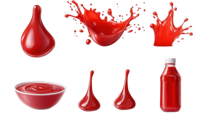 various forms of red liquid. including splashes. drops. and a bottle. emphasizing the vibrant color and texture associated with sauces or beverages it highlights the dynamic nature of liquid in motion