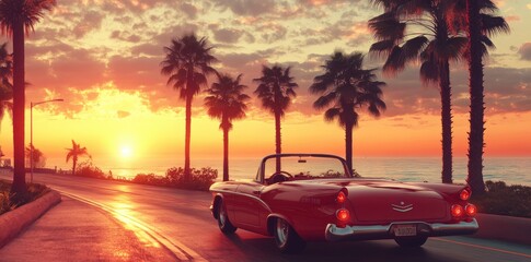 Classic Red Convertible Drives Coastal Sunset Road