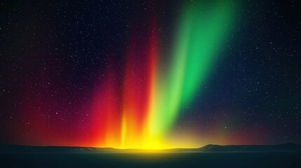 Night sky aurora borealis scene. Vivid gradient colors from dark blue to red, red to green. Soft yellow light effect. Abstract illustration with starry night sky, aurora. Aurora lights form in