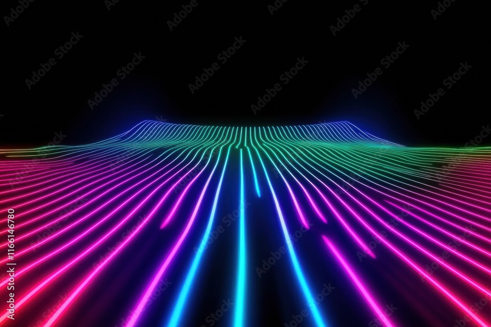 Fototapete glowing neon lines create an abstract landscape with vibrant colors in a dark setting. generative ai
